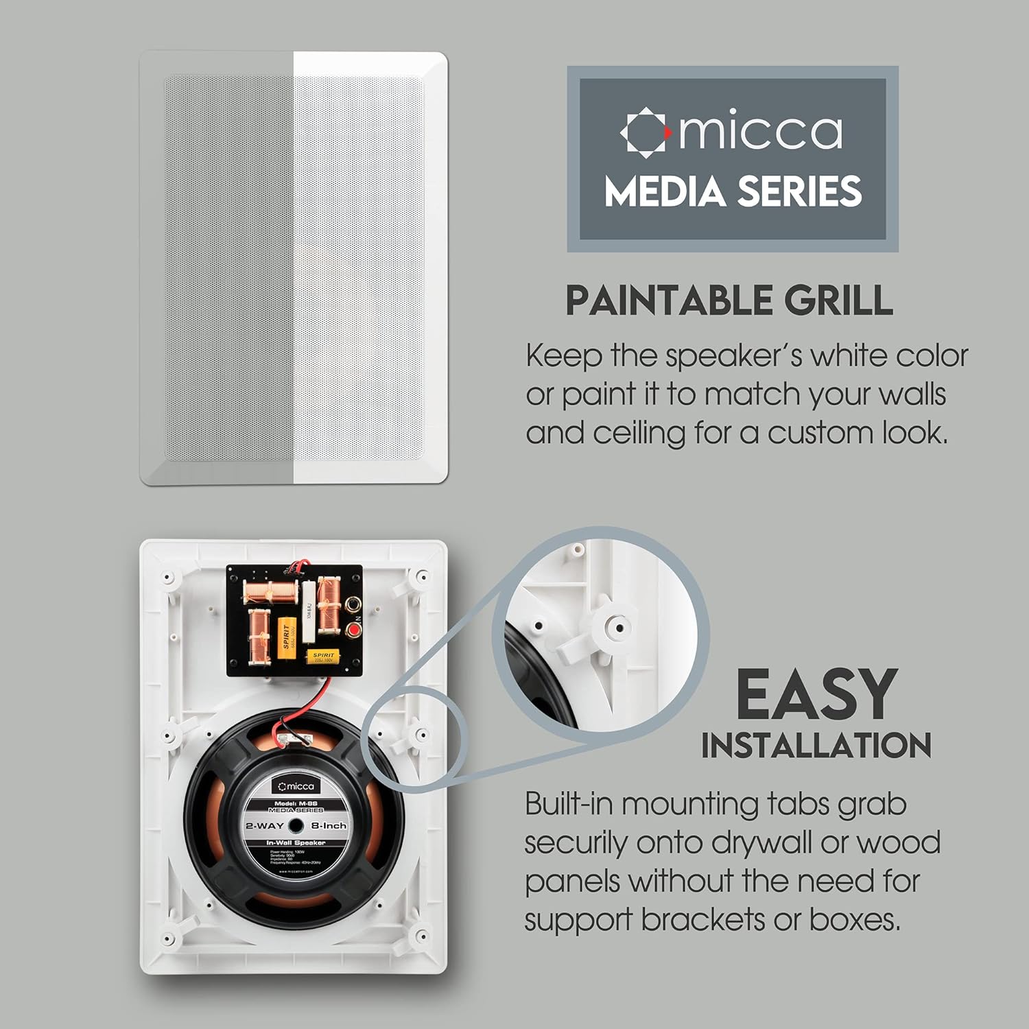 Micca M-CS Dual 5.25 Inch 2-Way in-Wall Center Channel Speaker for Home Theater, Whole House Audio, MTM LCR Design, 5.25" Poly Woofers, 1" Pivoting Silk Tweeter, White, Paintable, Each