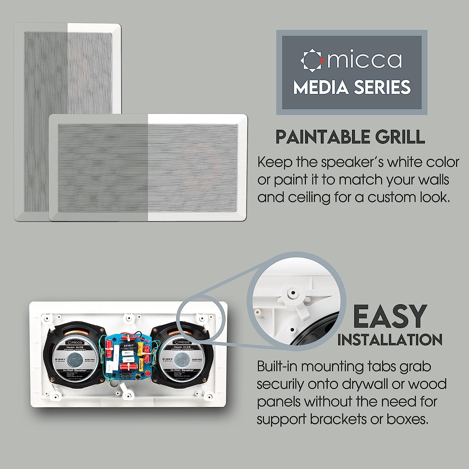 Micca M-CS Dual 5.25 Inch 2-Way in-Wall Center Channel Speaker for Home Theater, Whole House Audio, MTM LCR Design, 5.25" Poly Woofers, 1" Pivoting Silk Tweeter, White, Paintable, Each