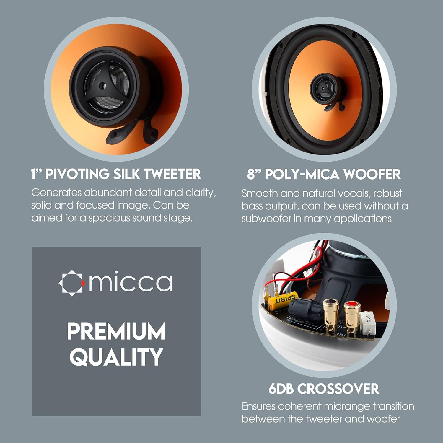 Micca M-8C 8 Inch 2-Way in-Ceiling Round Speaker for Whole House Audio, Home Theater, Indoor or Covered Outdoor Areas, 8" Woofer, 1" Silk Tweeter, 9.4" Cutout Diameter, White, Paintable, Each