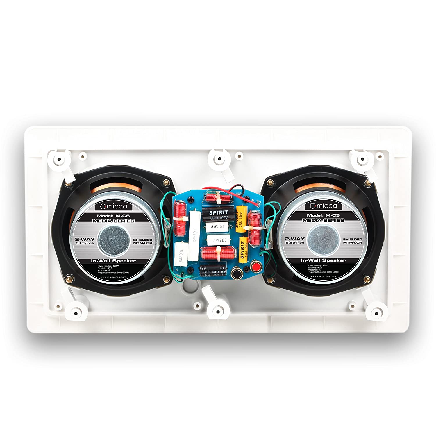 Micca M-CS Dual 5.25 Inch 2-Way in-Wall Center Channel Speaker for Home Theater, Whole House Audio, MTM LCR Design, 5.25" Poly Woofers, 1" Pivoting Silk Tweeter, White, Paintable, Each