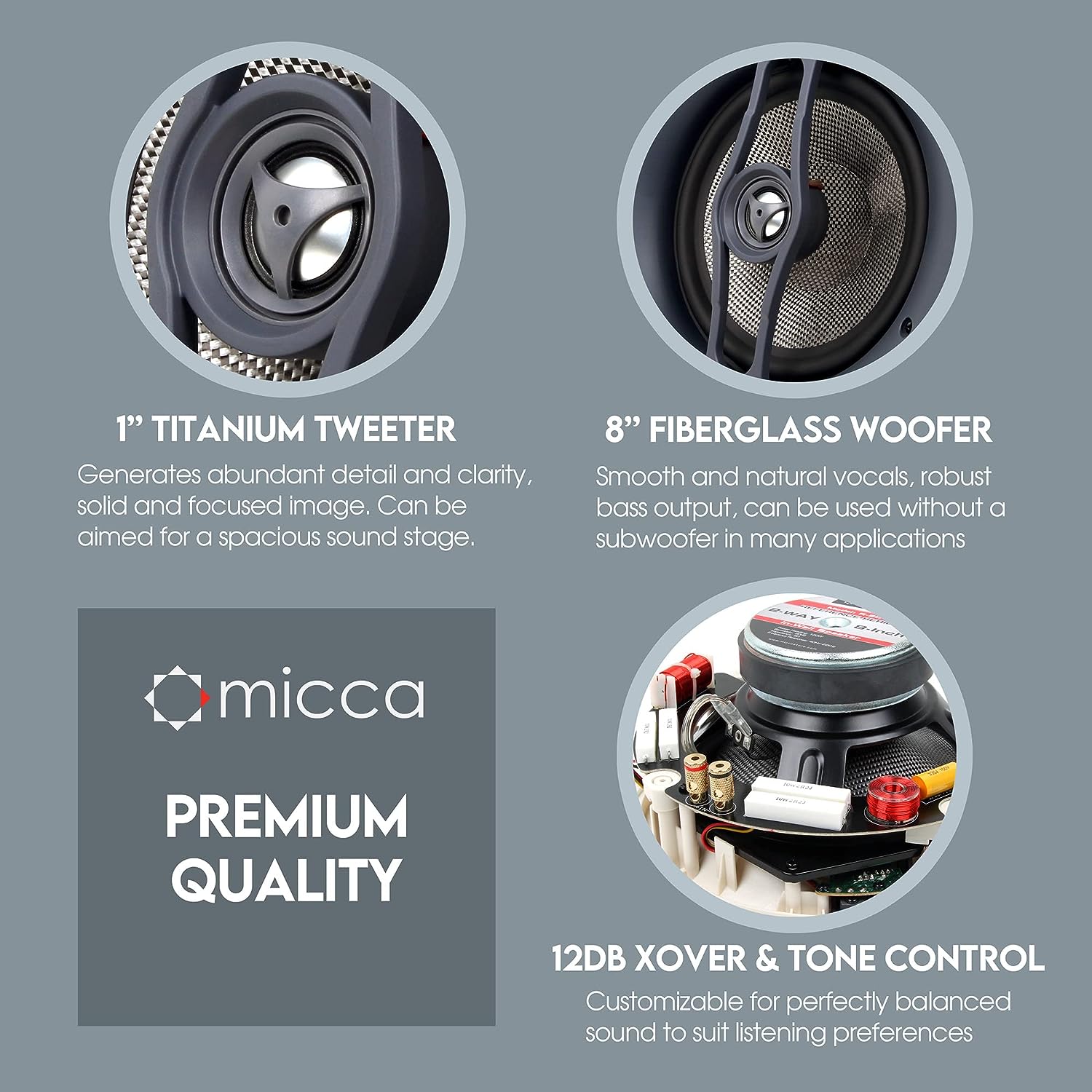 Micca Reference Series R-8C 2-Way in Ceiling in Wall Speaker, 8 Inch Woofer, 1-Inch Pivoting Aluminum Dome Tweeter, Tone Controls, 9.5-Inch Cutout Diameter, Each, White