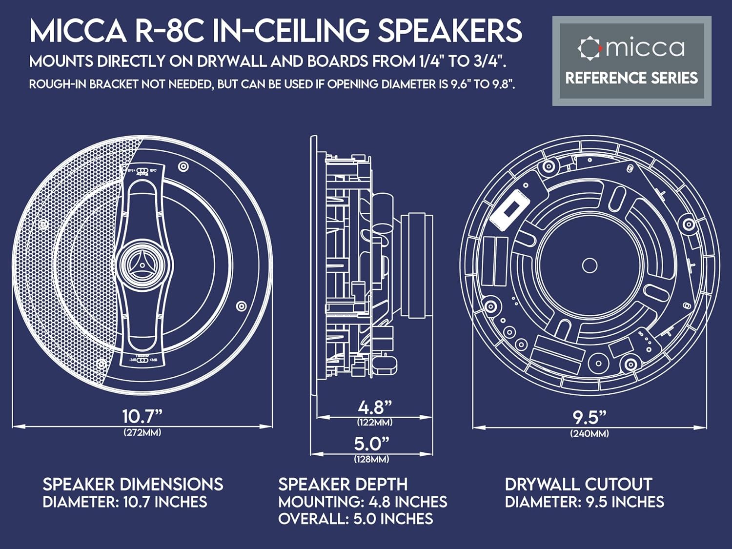 Micca Reference Series R-8C 2-Way in Ceiling in Wall Speaker, 8 Inch Woofer, 1-Inch Pivoting Aluminum Dome Tweeter, Tone Controls, 9.5-Inch Cutout Diameter, Each, White