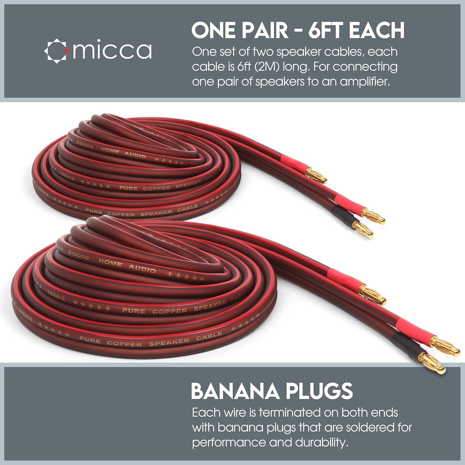 micca 14 Gauge Pure Copper Speaker Wire, 6 Feet (2 Meters 6.6ft Actual), 2 Pack Pair, Gold Plated Banana Plugs, Soldered Construction, Slim Design, 245 Strands, for Stereo or Home Theater