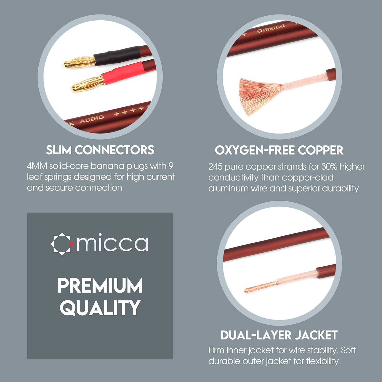 Micca 14 Gauge Pure Copper Speaker Wire, 12 Feet (4 Meters 13.1ft Actual), 2 Pack Pair, Gold Plated Banana Plugs, Soldered Construction, Slim Design, 245 Strands, for Stereo or Home Theater