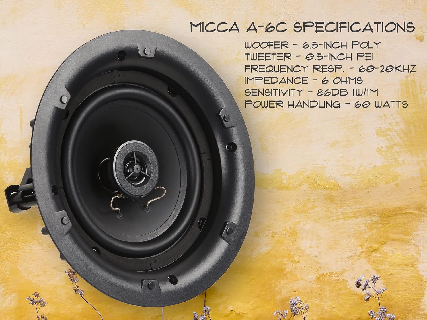 micca 6.5" 2-Way in Ceiling or Wall Round Speakers, 4 Pack, 6.5 Inch Woofer, 8" Cutout Diameter, Low Profile Rimless Design, for Indoor Rooms or Covered Outdoor Porches, White, Paintable