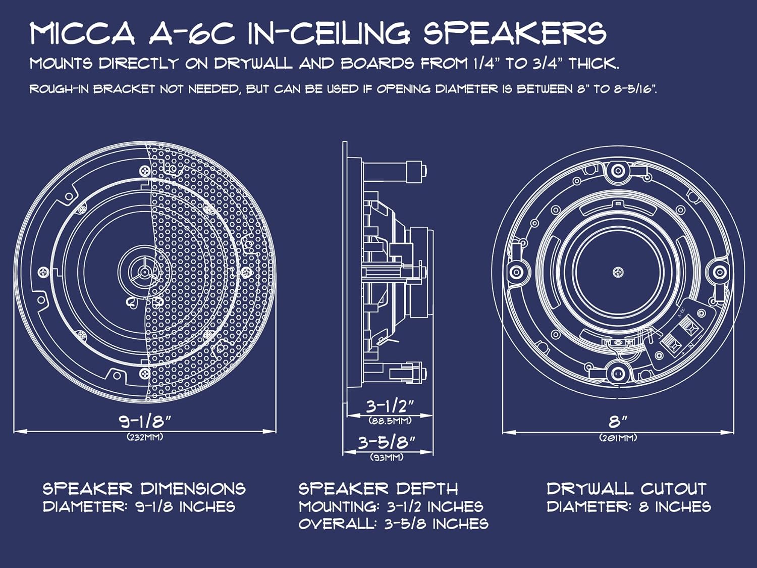 micca 6.5" 2-Way in Ceiling or Wall Round Speakers, 4 Pack, 6.5 Inch Woofer, 8" Cutout Diameter, Low Profile Rimless Design, for Indoor Rooms or Covered Outdoor Porches, White, Paintable