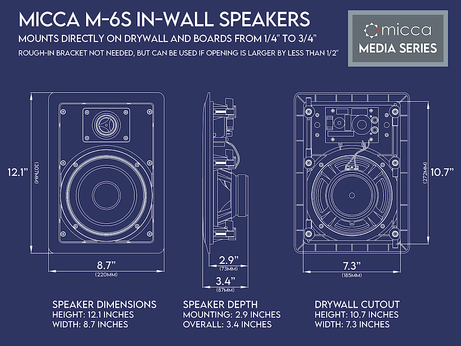 Micca M-6S 6.5 Inch 2-Way in-Wall Speaker for Home Theater, Whole House Audio, Indoor or Covered Outdoor Areas, 6.5" Poly Woofer, 1" Pivoting Silk Tweeter, White, Paintable, Each
