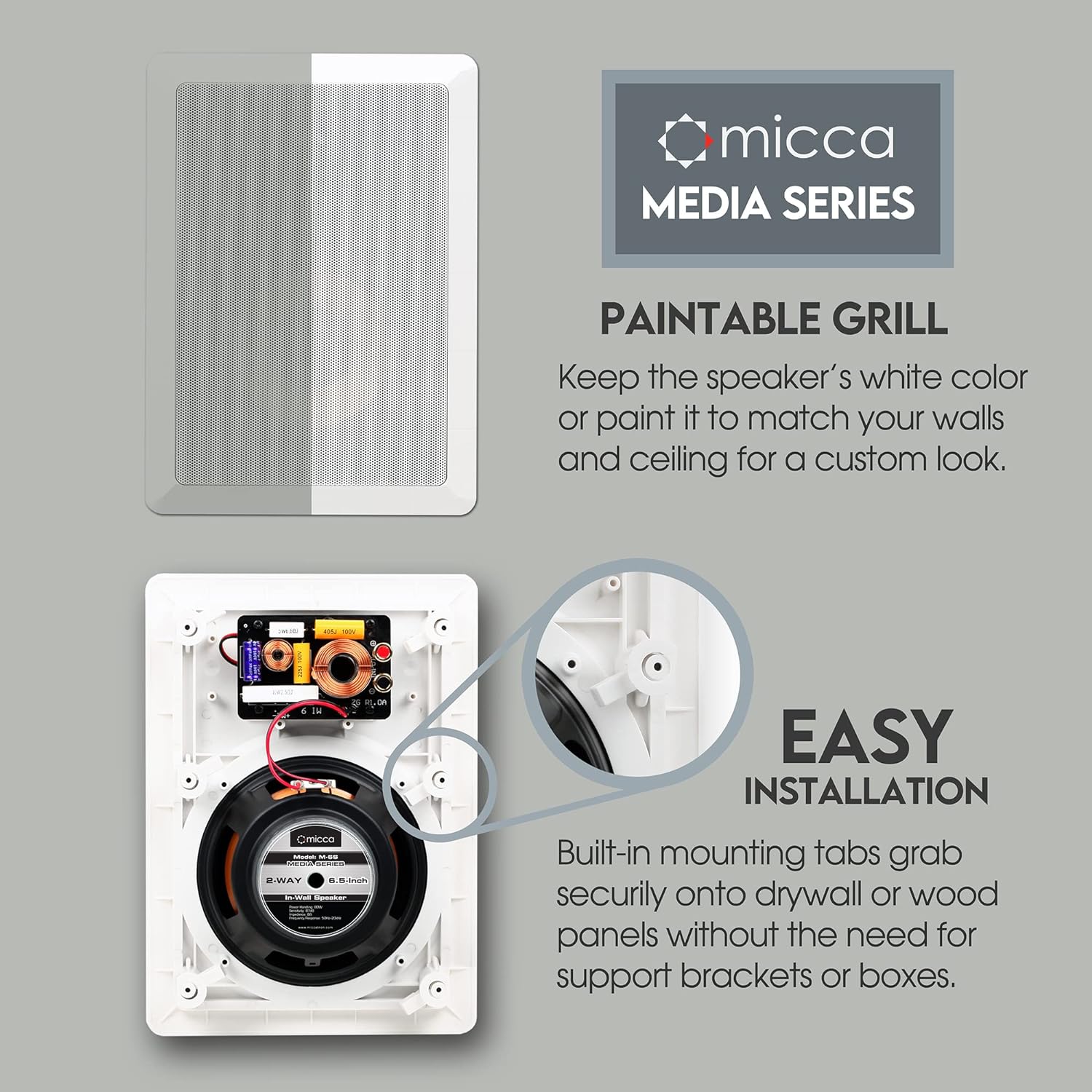 Micca M-6S 6.5 Inch 2-Way in-Wall Speaker for Home Theater, Whole House Audio, Indoor or Covered Outdoor Areas, 6.5" Poly Woofer, 1" Pivoting Silk Tweeter, White, Paintable, Each