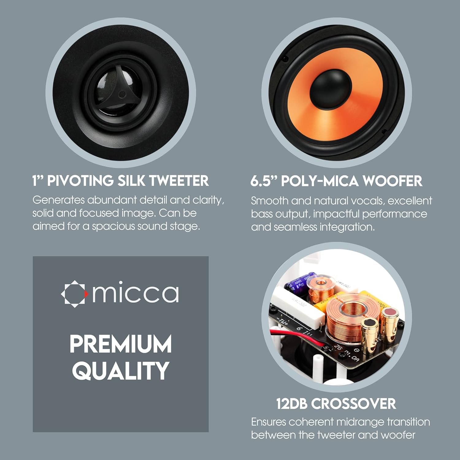 Micca M-6S 6.5 Inch 2-Way in-Wall Speaker for Home Theater, Whole House Audio, Indoor or Covered Outdoor Areas, 6.5" Poly Woofer, 1" Pivoting Silk Tweeter, White, Paintable, Each
