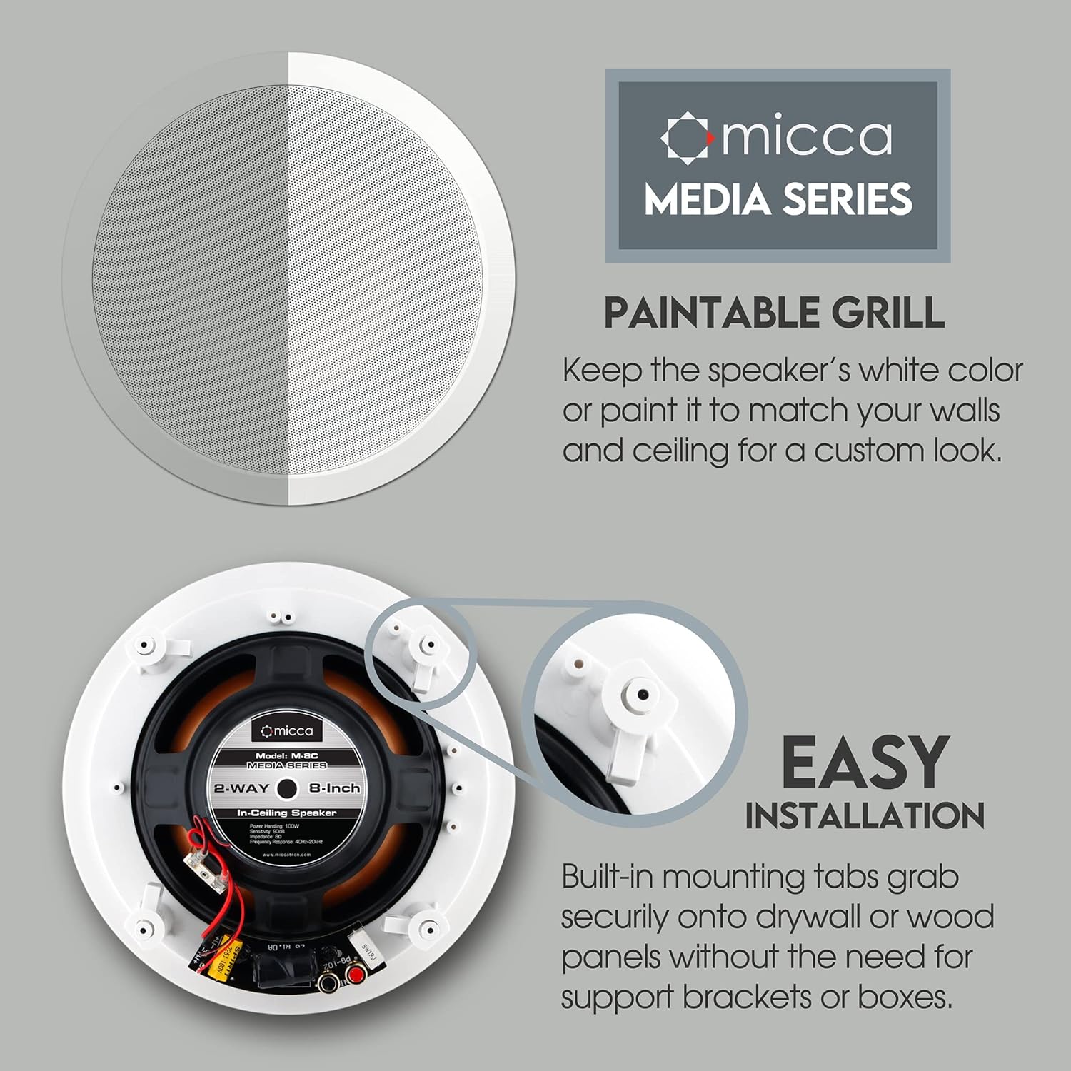 Micca M-8C 8 Inch 2-Way in-Ceiling Round Speaker for Whole House Audio, Home Theater, Indoor or Covered Outdoor Areas, 8" Woofer, 1" Silk Tweeter, 9.4" Cutout Diameter, White, Paintable, Each