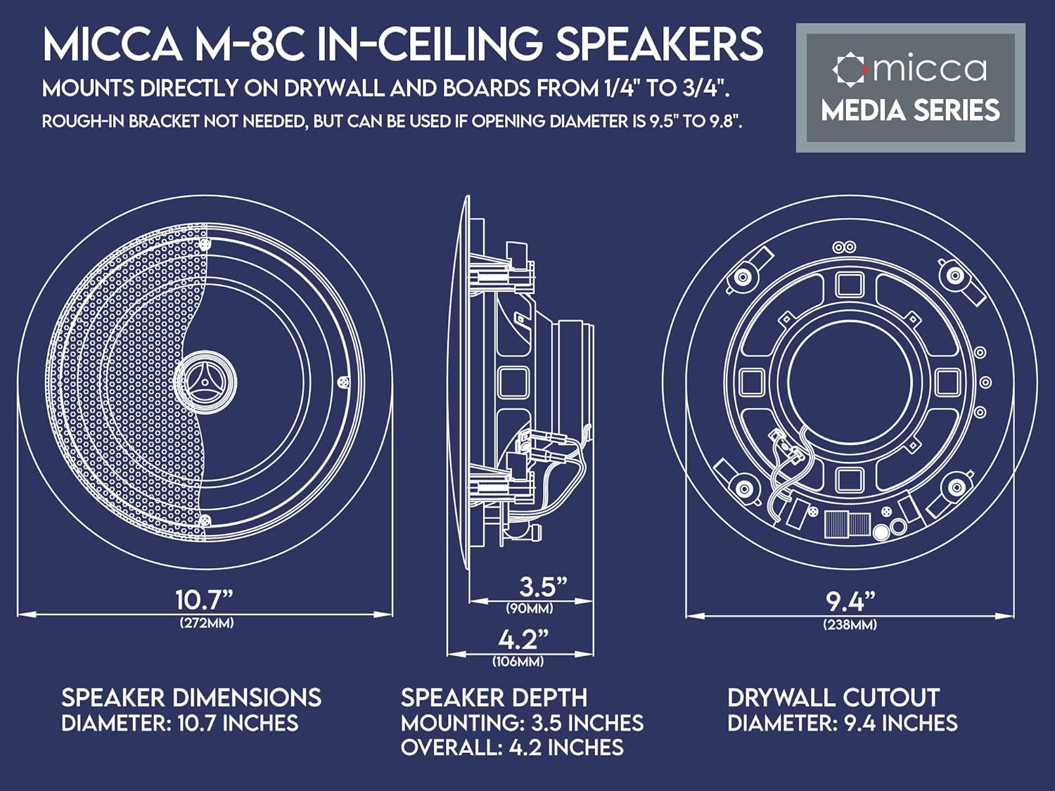 Micca M-8C 8 Inch 2-Way in-Ceiling Round Speaker for Whole House Audio, Home Theater, Indoor or Covered Outdoor Areas, 8" Woofer, 1" Silk Tweeter, 9.4" Cutout Diameter, White, Paintable, Each