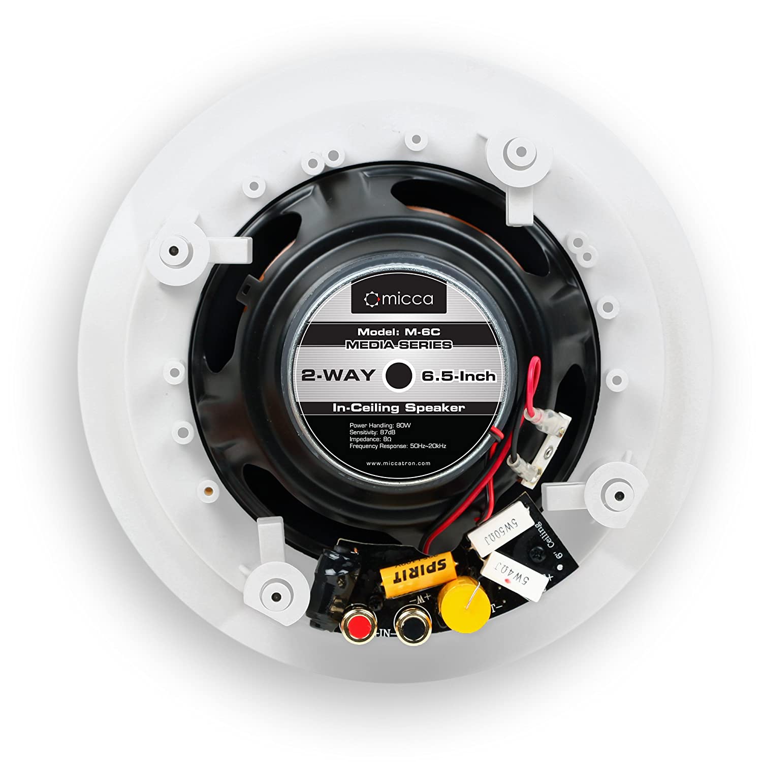 Micca M-6C 6.5 Inch 2-Way in-Ceiling Round Speaker for Whole House Audio, Home Theater, Indoor or Covered Outdoor Areas, 6.5" Woofer, 1" Silk Tweeter, 7.6" Cutout Diameter White, Paintable, Each