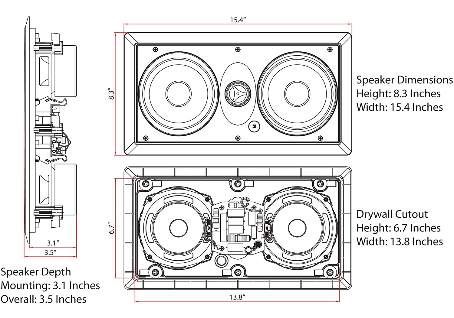 Micca M-CS Dual 5.25 Inch 2-Way in-Wall Center Channel Speaker for Home Theater, Whole House Audio, MTM LCR Design, 5.25" Poly Woofers, 1" Pivoting Silk Tweeter, White, Paintable, Each