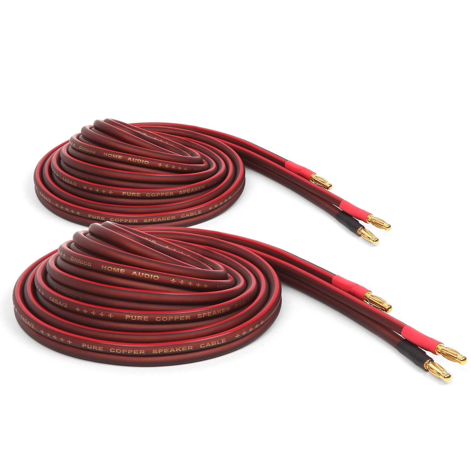 Micca 14 Gauge Pure Copper Speaker Wire, 12 Feet (4 Meters 13.1ft Actual), 2 Pack Pair, Gold Plated Banana Plugs, Soldered Construction, Slim Design, 245 Strands, for Stereo or Home Theater