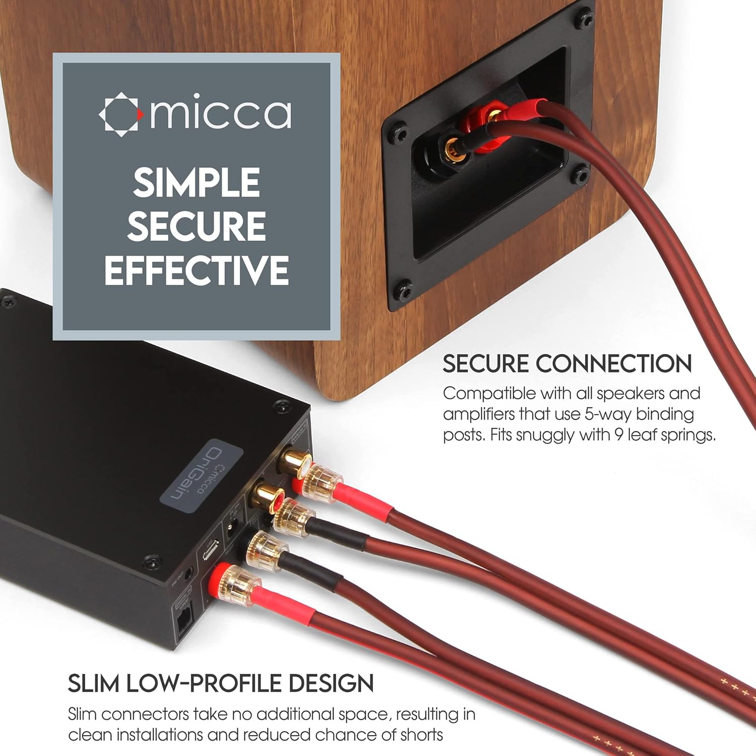 Micca 14 Gauge Pure Copper Speaker Wire, 12 Feet (4 Meters 13.1ft Actual), 2 Pack Pair, Gold Plated Banana Plugs, Soldered Construction, Slim Design, 245 Strands, for Stereo or Home Theater
