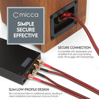 Micca 14 Gauge Pure Copper Speaker Wire, 12 Feet (4 Meters 13.1ft Actual), 2 Pack Pair, Gold Plated Banana Plugs, Soldered Construction, Slim Design, 245 Strands, for Stereo or Home Theater